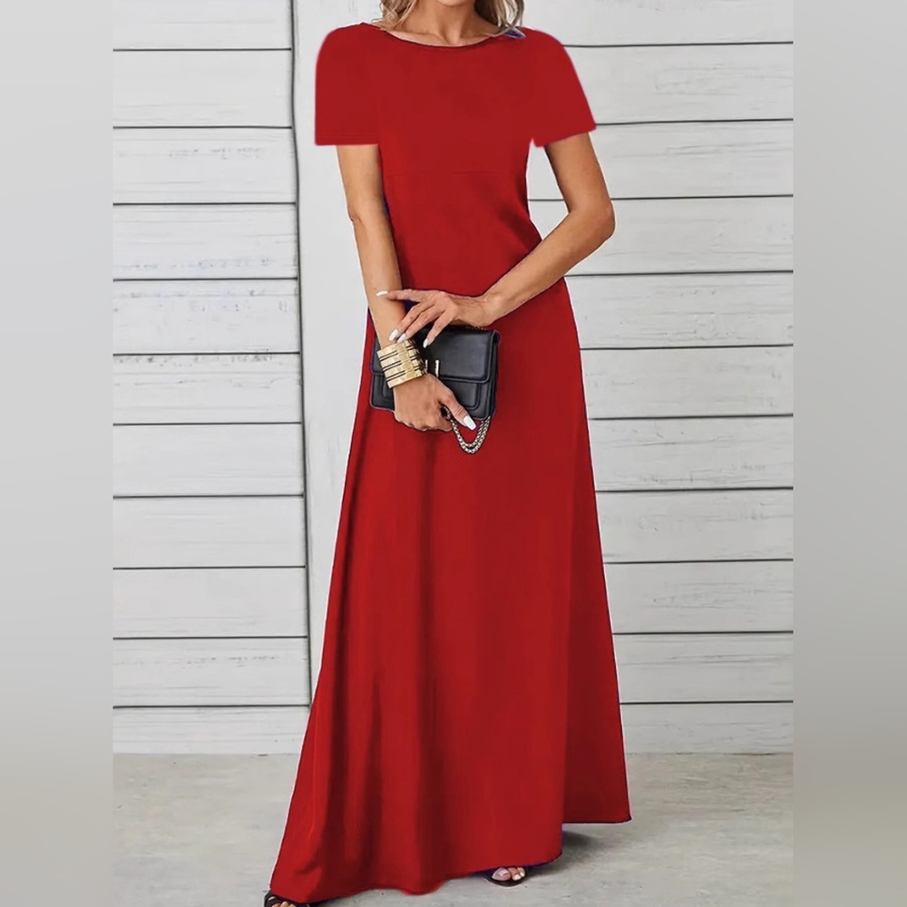 Chic Red Maxi Dress Full Size Round Neck Short Sleeve A-Line Dress Plus Size